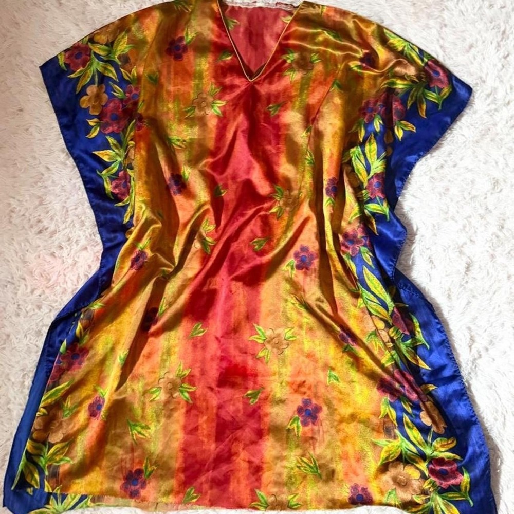 Silky Floral Tribal African Lagenlook Boho Indie Oversized Kaftan Womens OS